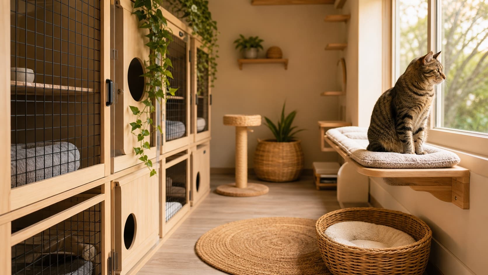 Warm boutique cattery room with wooden cat suites and a cat resting by the window